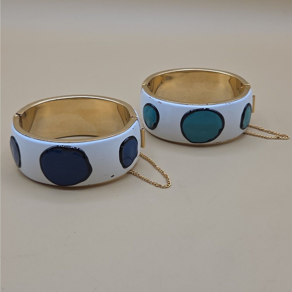 2 Vintage Enamel Clamper Bracelets Blue Teal Polka Dot Design 80's Bangle Chunky